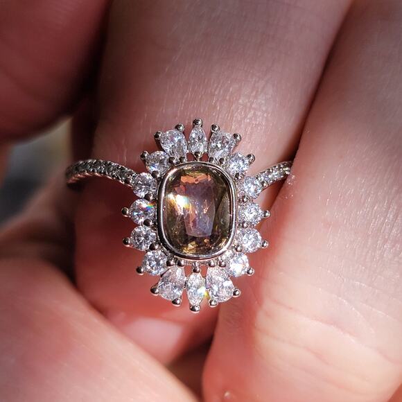 Rhodium Plated Simulated Diamond Halo Ring - Size 9 - Elegant Statement Piece - Picture 3 of 13